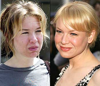 renee zelwigger with and without makeup and a blow dry